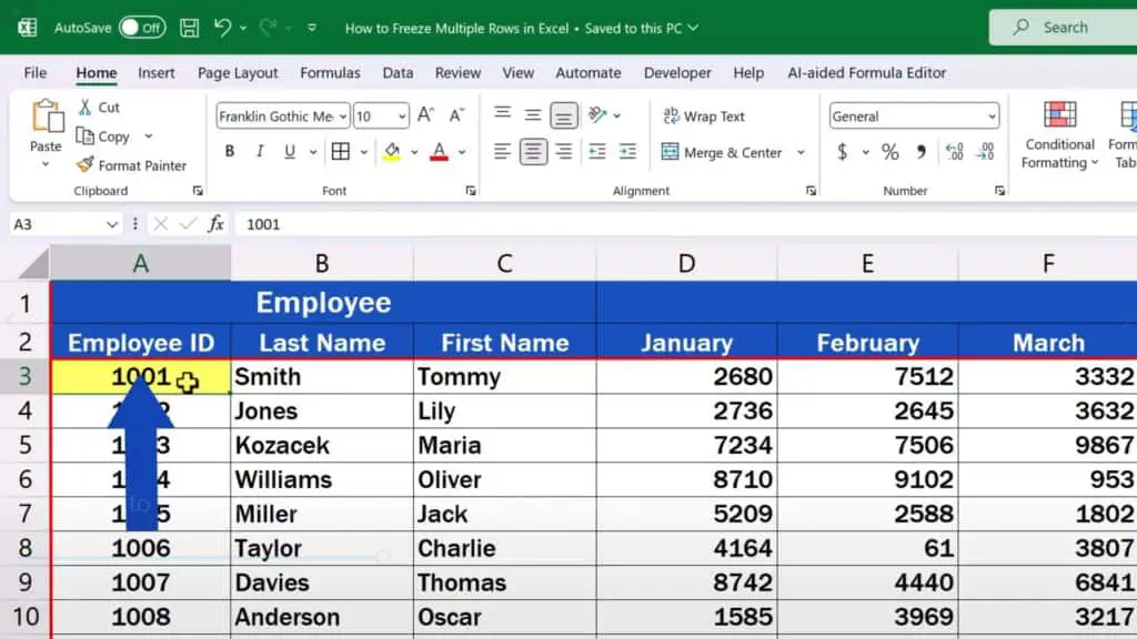 How to Freeze Multiple Rows in Excel - click on the cell A3