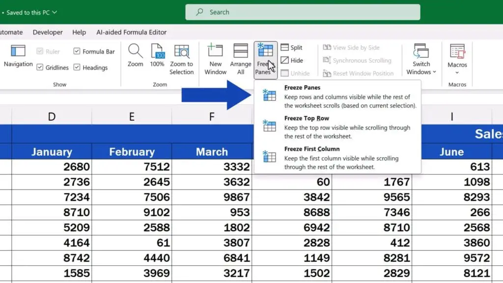 How to Freeze Multiple Rows in Excel - click on the option Freeze Panes