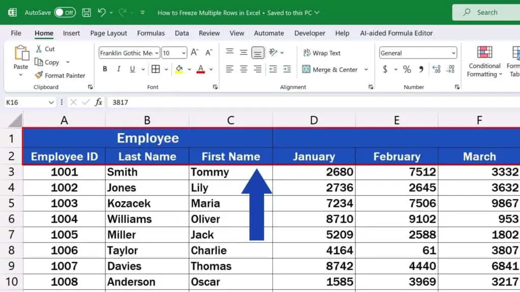 How to Freeze Multiple Rows in Excel - the first two rows and no columns