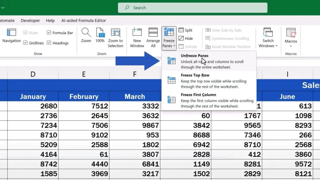 How to Freeze Multiple Rows in Excel - select ‘Unfreeze Panes’