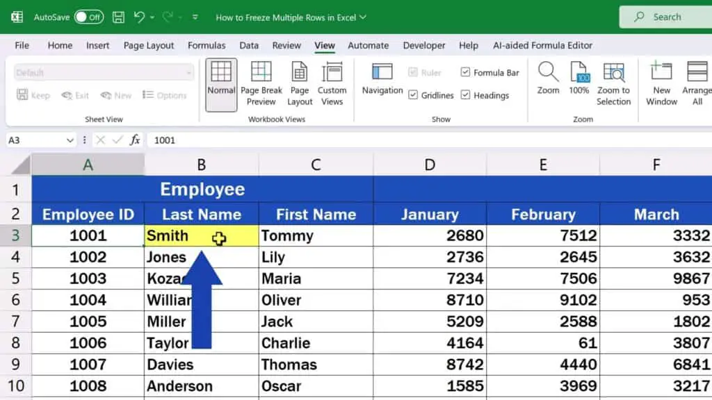 How to Freeze Multiple Rows in Excel - set the cell cursor on B3