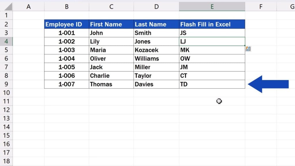 How to Use Flash Fill in Excel - Excel has filled in the missing data following the defined pattern