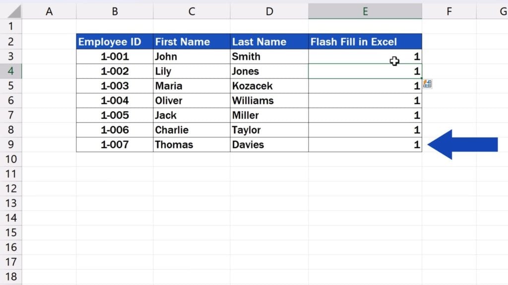 How to Use Flash Fill in Excel - Flash Fill did not identify the last digit of the employee ID