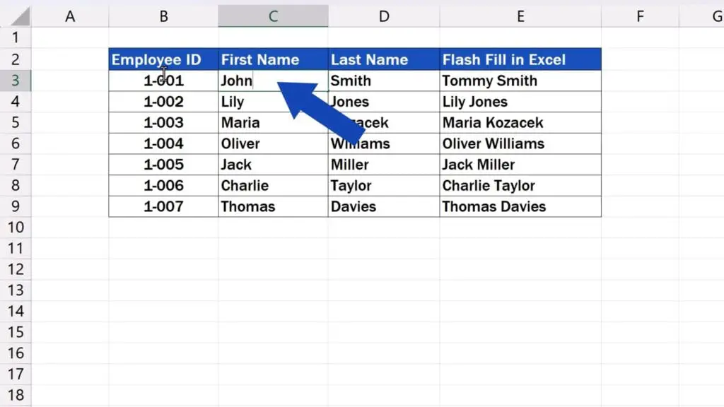 How to Use Flash Fill in Excel - change ‘Tommy’ to ‘John’