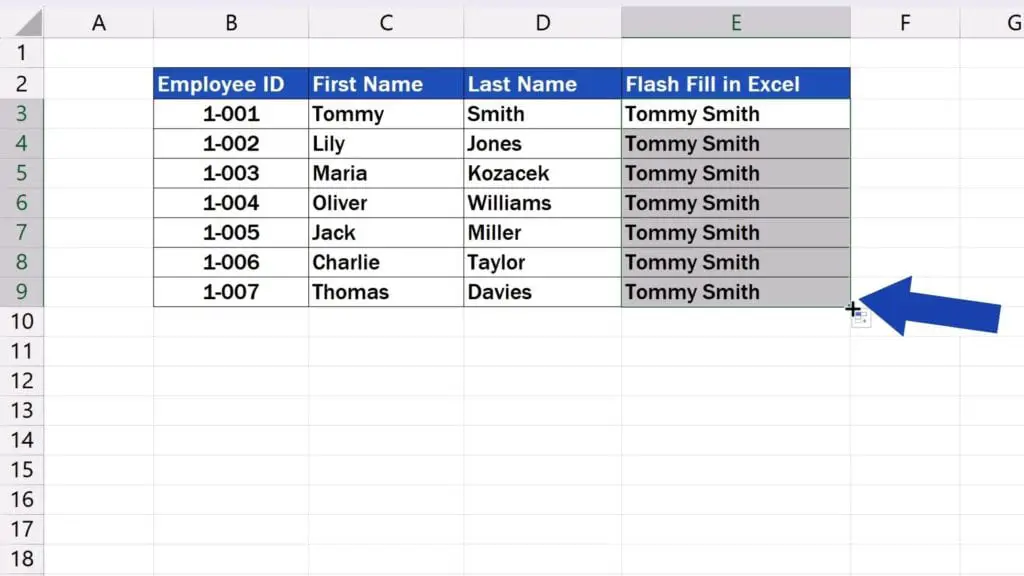 How to Use Flash Fill in Excel - drag its bottom right-hand corner down