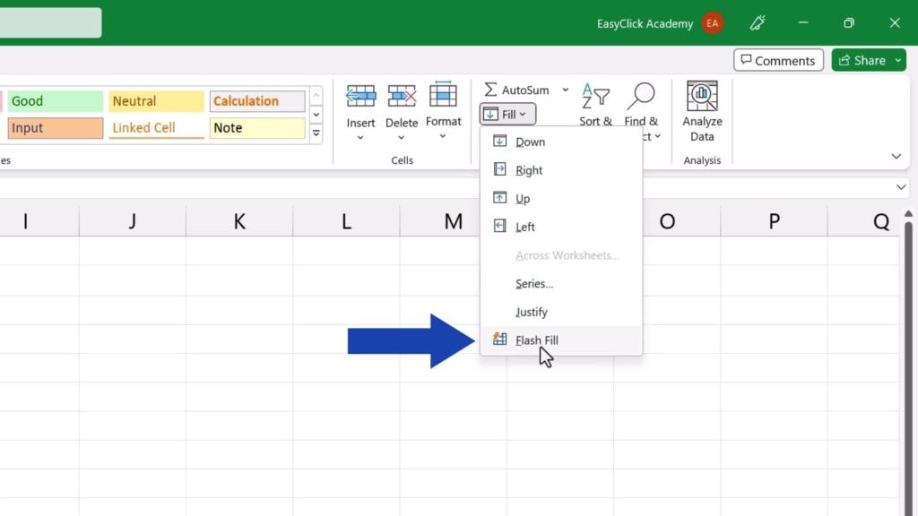 How to Use Flash Fill in Excel - find the button ‘Fill’ and select ‘Flash Fill’