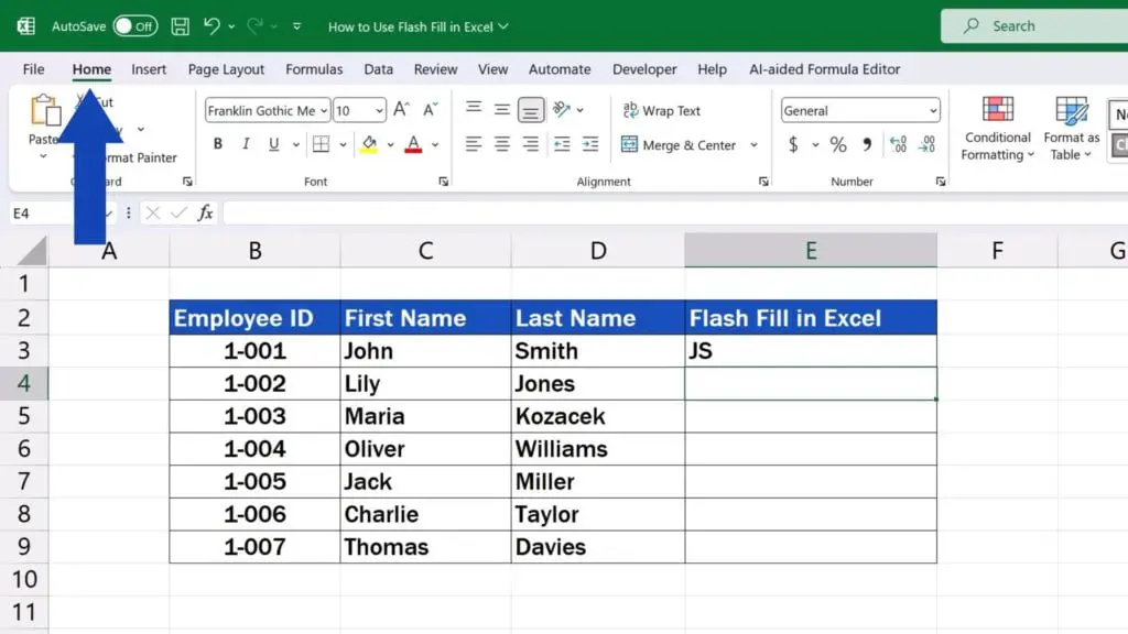 How to Use Flash Fill in Excel - go to the Home tab