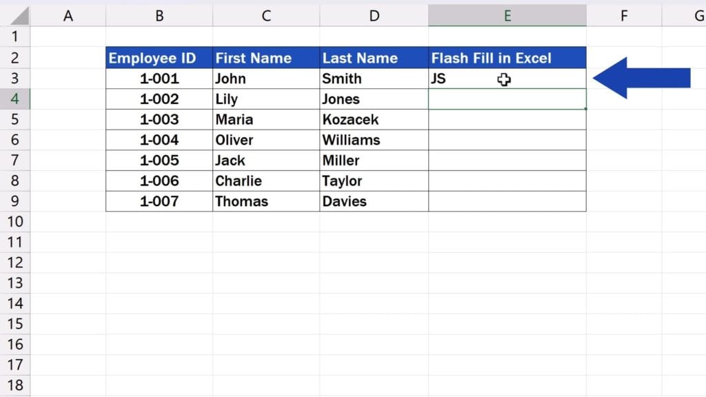 How to Use Flash Fill in Excel - type ‘JS’