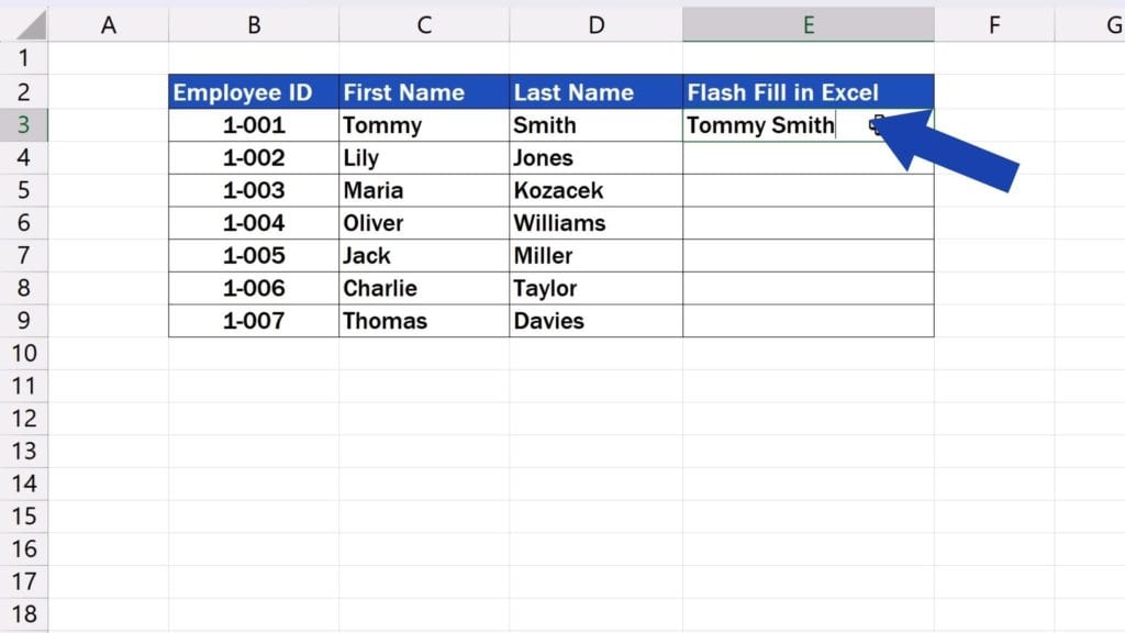 How to Use Flash Fill in Excel - type the exact format of the name as we want it to appear