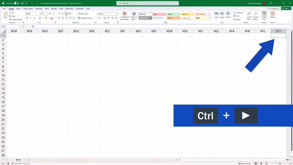 How Many Rows and Columns There Are in Excel - Press the Control key and the ‘right arrow’ key