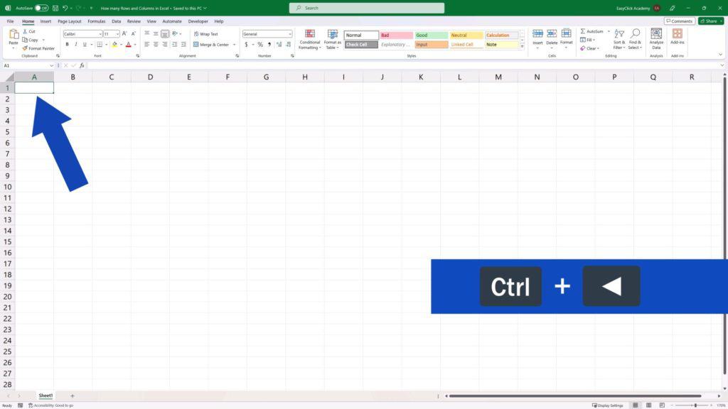How Many Rows and Columns There Are in Excel - press Control and the ‘left arrow’ key