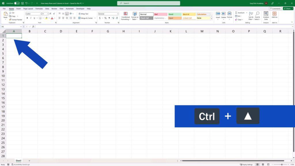 How Many Rows and Columns There Are in Excel - press the Control key and hit the upward arrow key