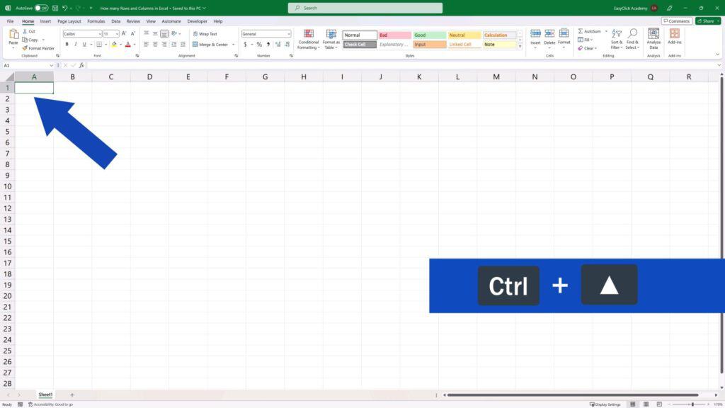 How Many Rows and Columns There Are in Excel - press the Control key and hit the upward arrow key