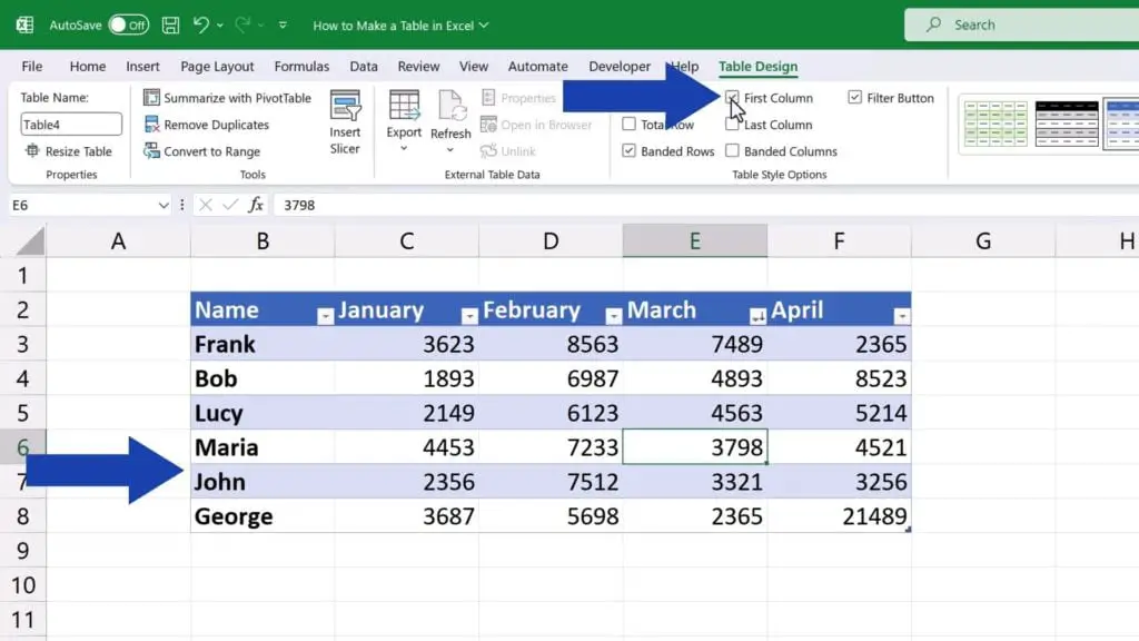 How to Make a Table in Excel - ‘First column’ will highlight the data in the first column in bold