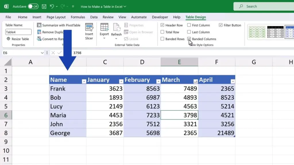 How to Make a Table in Excel - Banded Columns highlights every other column