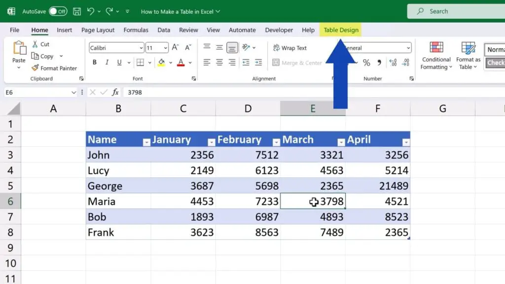 How to Make a Table in Excel -  Excel opens a new tab on the Ribbon
