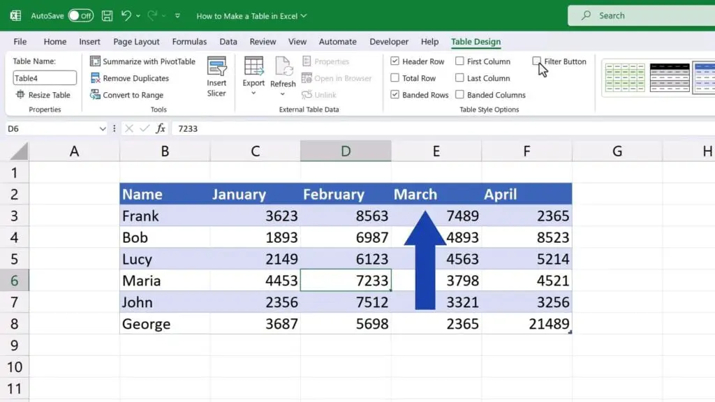 How to Make a Table in Excel - If you unselect the box, the buttons will disappear