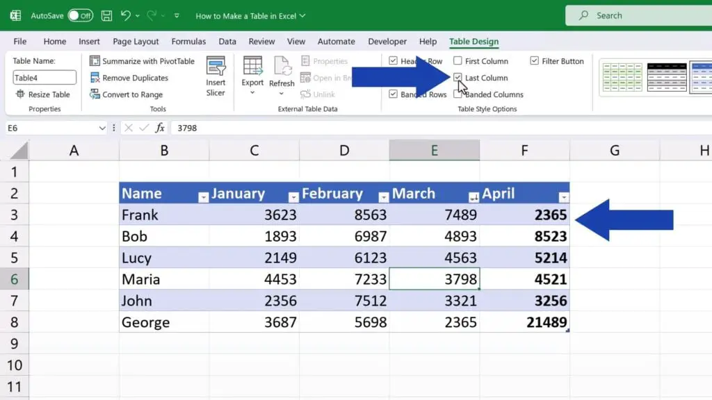 How to Make a Table in Excel - Last Column’ highlights the datat in the last column