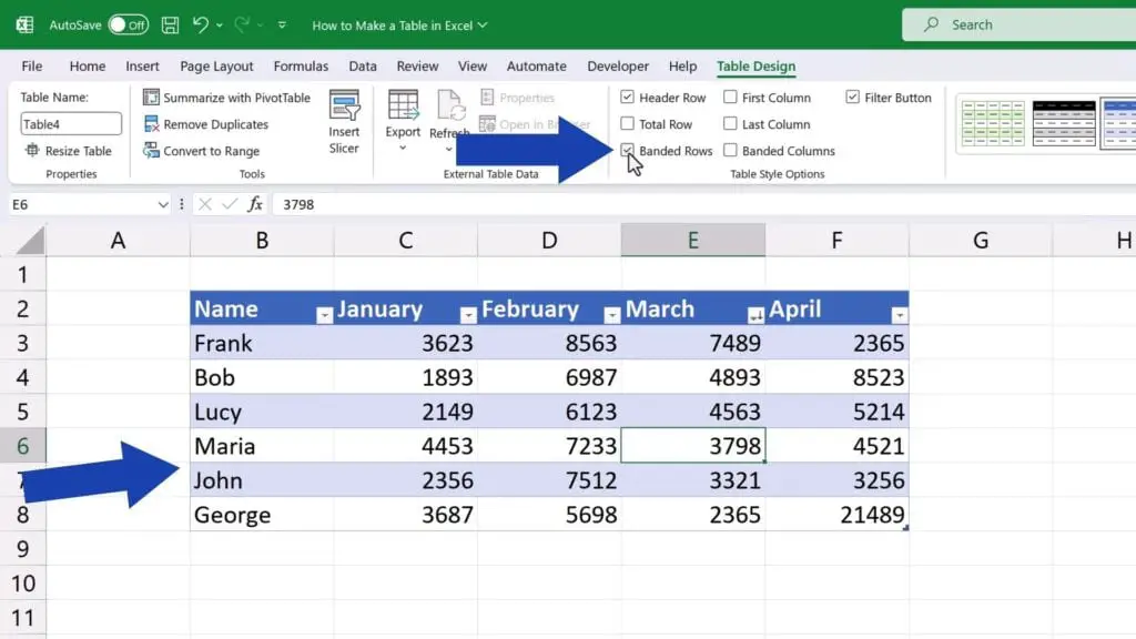 How to Make a Table in Excel - The option ‘Banded Rows’ highlights every other row