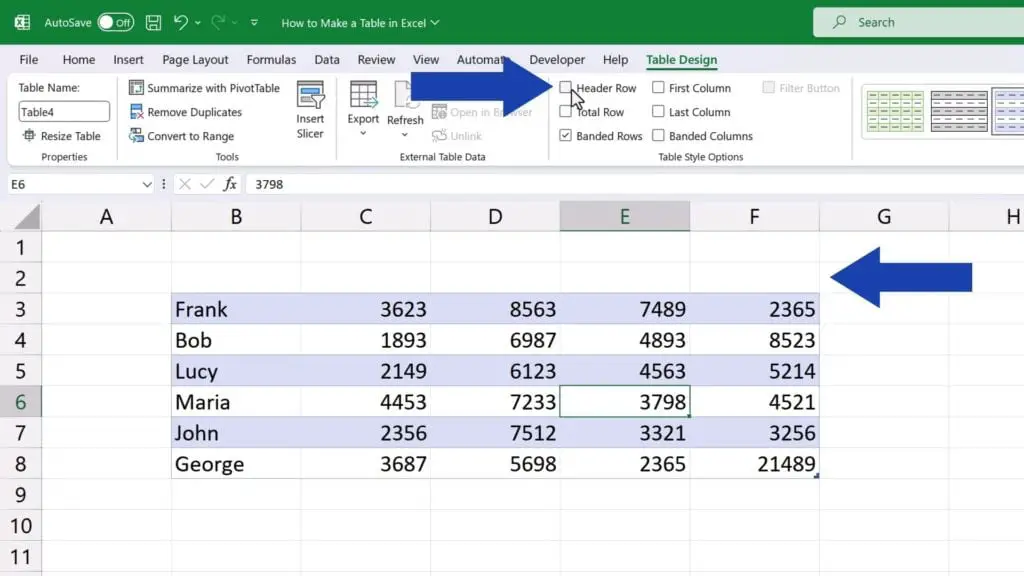 How to Make a Table in Excel - The option ‘Header Row’ turns on or off the header