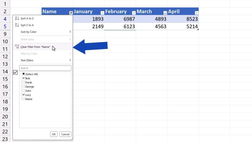 How to Make a Table in Excel - clear filter form Name