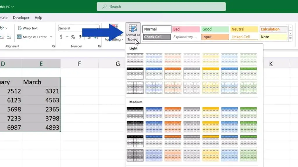 How to Make a Table in Excel - click on ‘Format as Table’