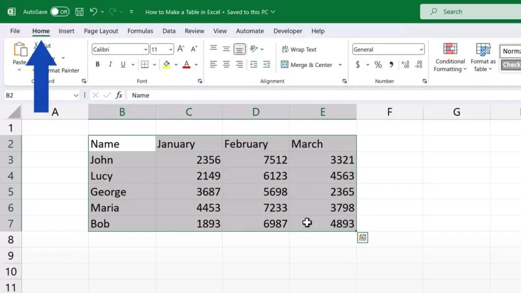 How to Make a Table in Excel - click on the ‘Home’ tab