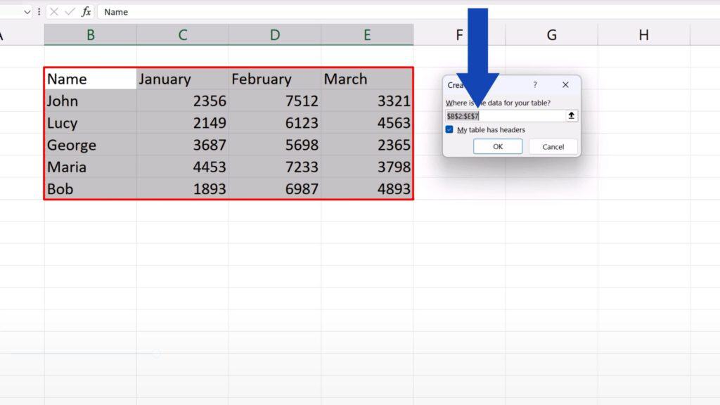 How to Make a Table in Excel - data range