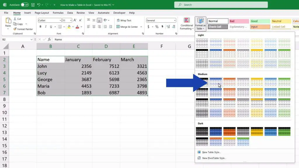 How to Make a Table in Excel - go for one of the predefined styles now, the blue one