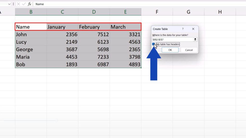 How to Make a Table in Excel - header