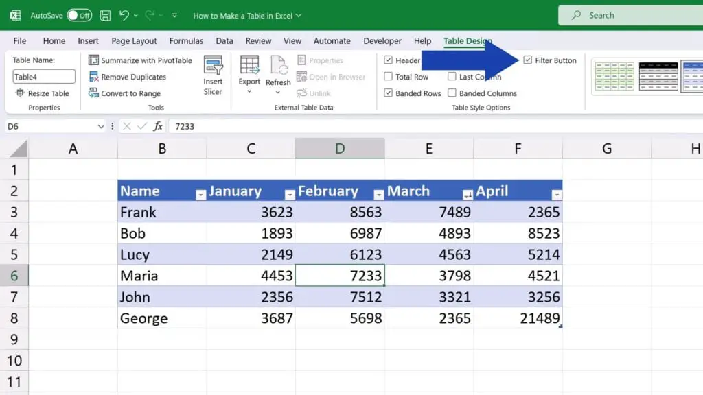 How to Make a Table in Excel - keep the option ‘Filter Button’ selected