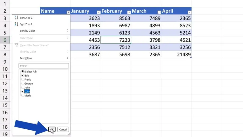 How to Make a Table in Excel - put a tick next to Bob and Lucy