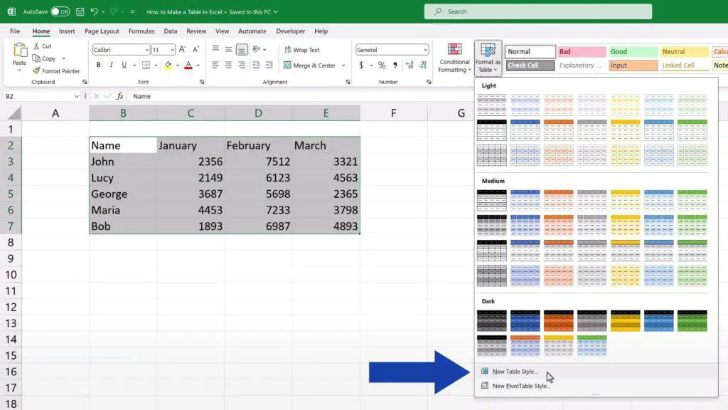How to Make a Table in Excel - see all the available styles Excel offers