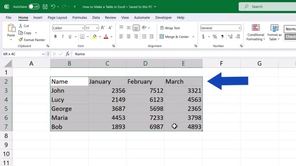 How to Make a Table in Excel - select all the data we want to put in a table