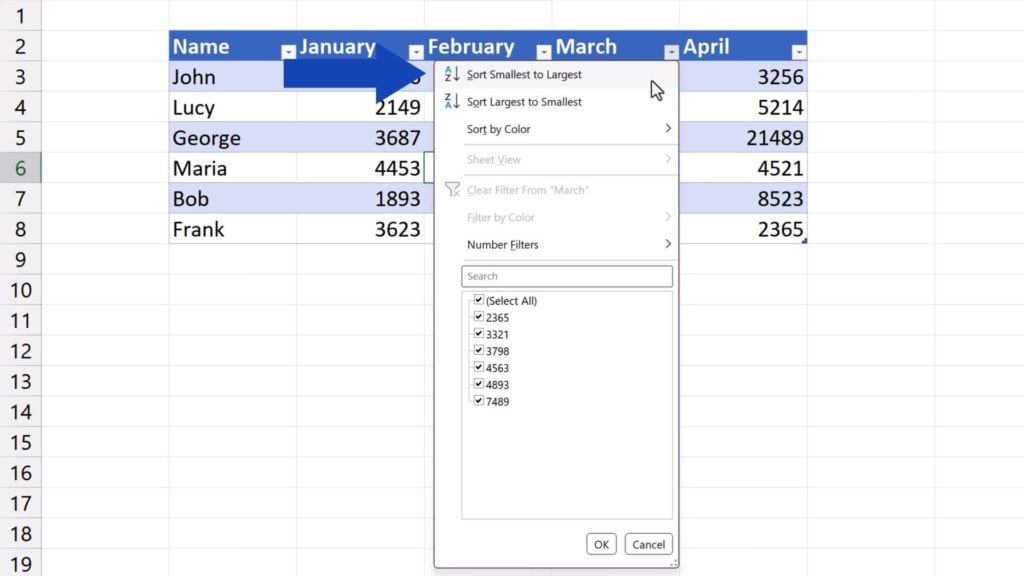 How to Make a Table in Excel -  sort the data