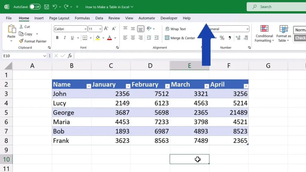 How to Make a Table in Excel -  the tab will disappear