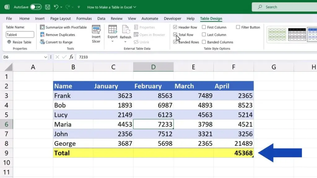 How to Make a Table in Excel - total row function
