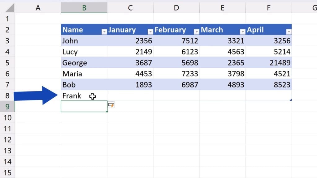 How to Make a Table in Excel - type let’s say ‘Frank’ in B8, press Enter