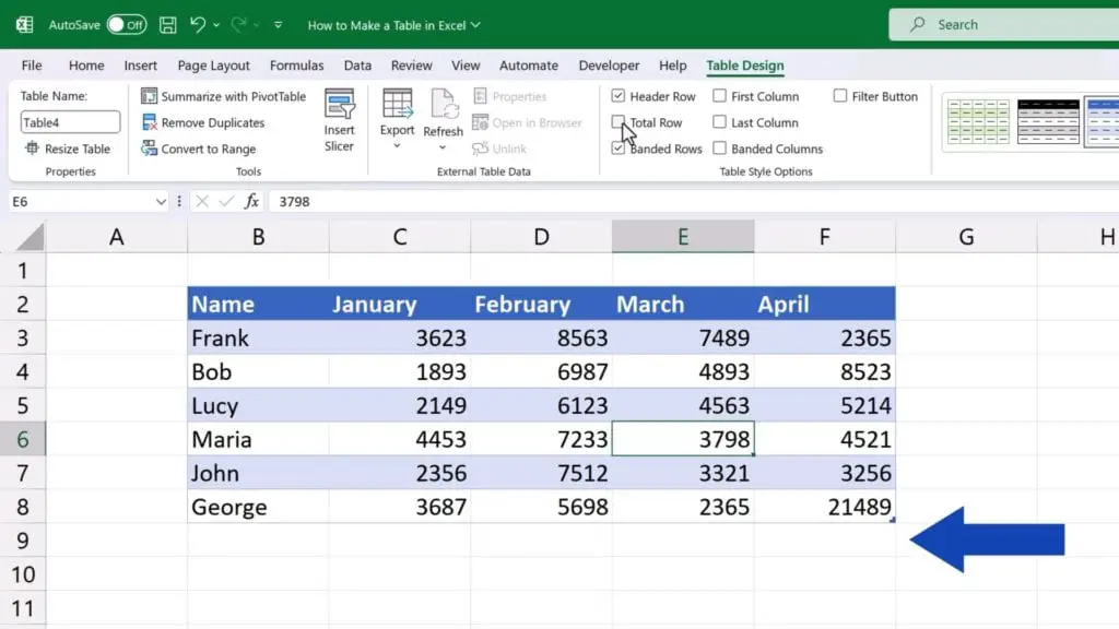 How to Make a Table in Excel - untick the total row option