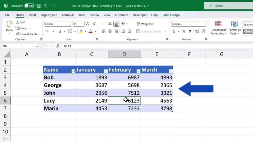 How to Remove Table Formatting in Excel - click anywhere within the table borders