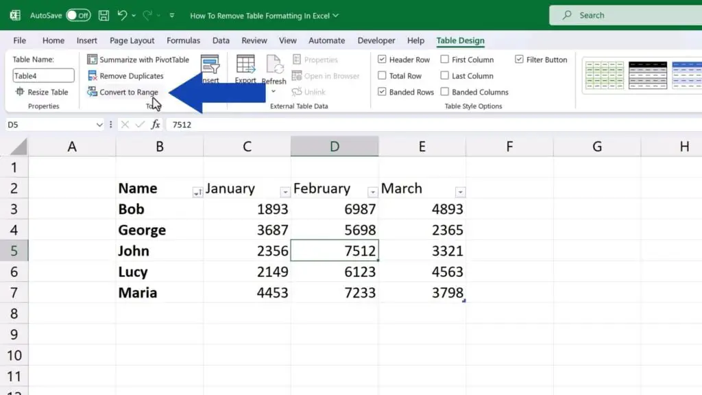 How to Remove Table Formatting in Excel - click on ‘Convert to Range’