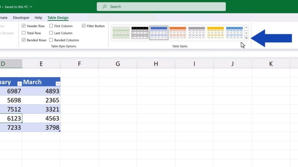 How to Remove Table Formatting in Excel - click on the button Table styles