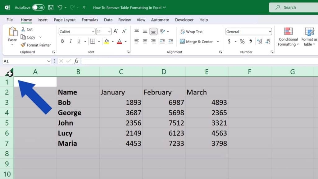 How to Remove Table Formatting in Excel - click on the upper left-hand corner of the spreadsheet to highlight all the cells