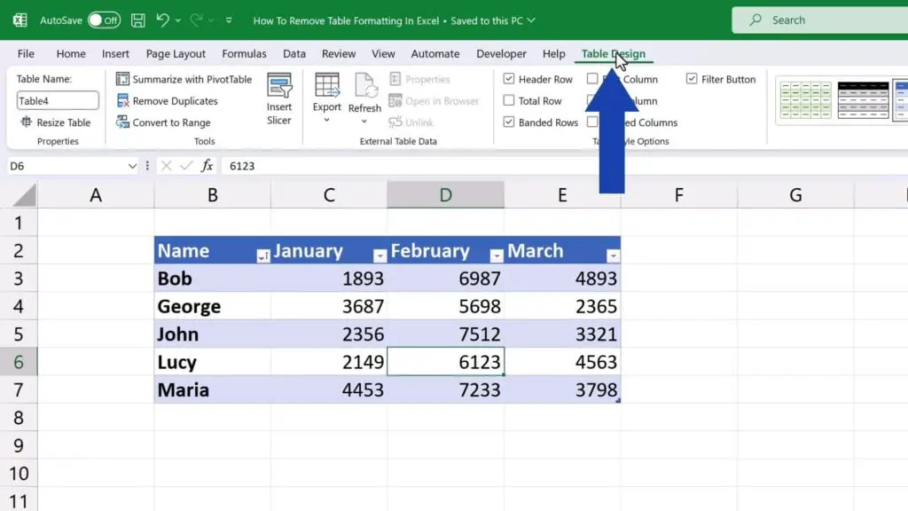 How to Remove Table Formatting in Excel - enables the tab ‘Table Design’