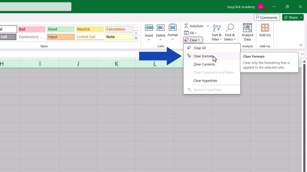 How to Remove Table Formatting in Excel - in the section ‘Editing’ and click on ‘Clear’ and then click on Clear Formats