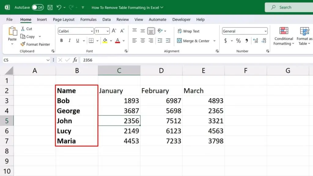 How to Remove Table Formatting in Excel - the column ‘Name’ is highlighted in bold