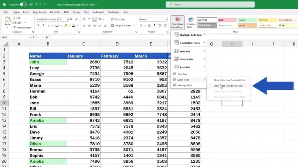 How to Highlight Duplicates in Excel - Clear Rules from Entire Sheet