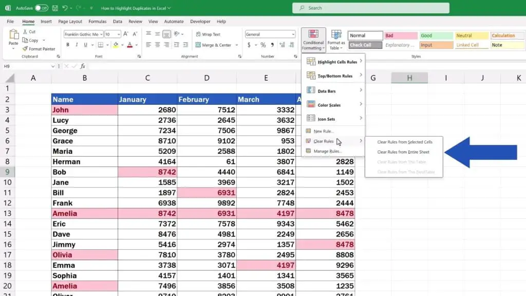 How to Highlight Duplicates in Excel - clear rules