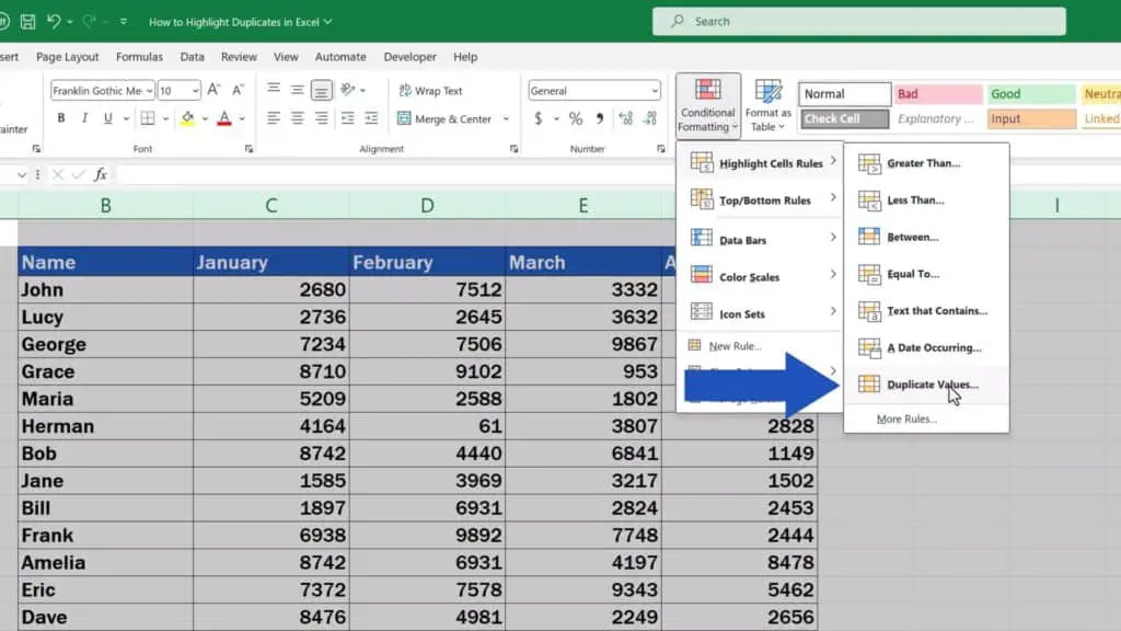 How to Highlight Duplicates in Excel - click on ‘Duplicate Values
