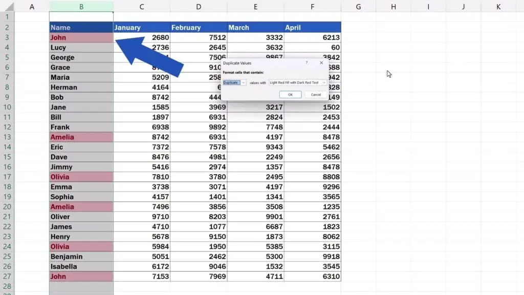 How to Highlight Duplicates in Excel - duplicated values in column B have been highlighted